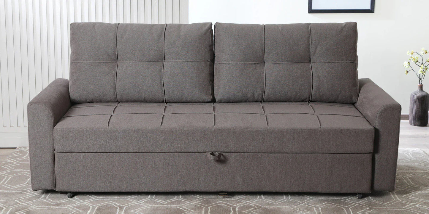 Fabric Pull Out Sofa Cum Bed In Sandy Brown Colour With Storage
