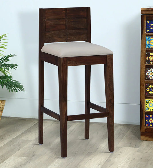 Sheesham Wood Full Back Bar Stool In Provincial Teak Finish with Beige Cushion