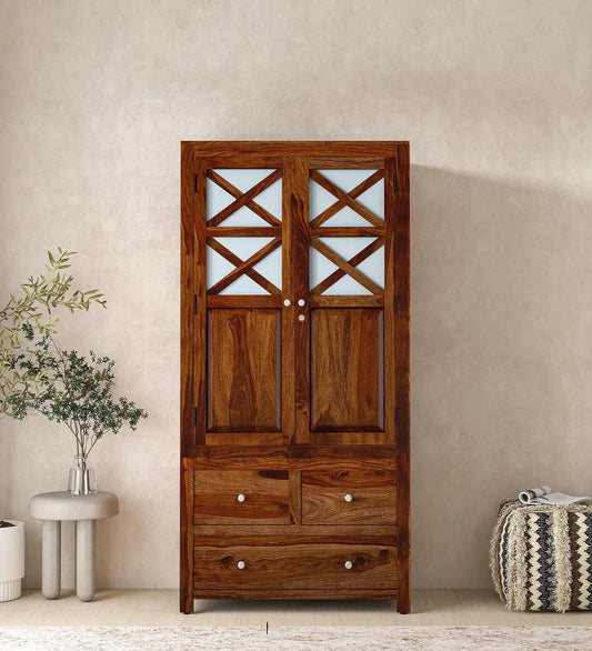 Sheesham Wood 2 Door Wardrobe In Scratch Resistant Provincial Teak Finish With Drawer