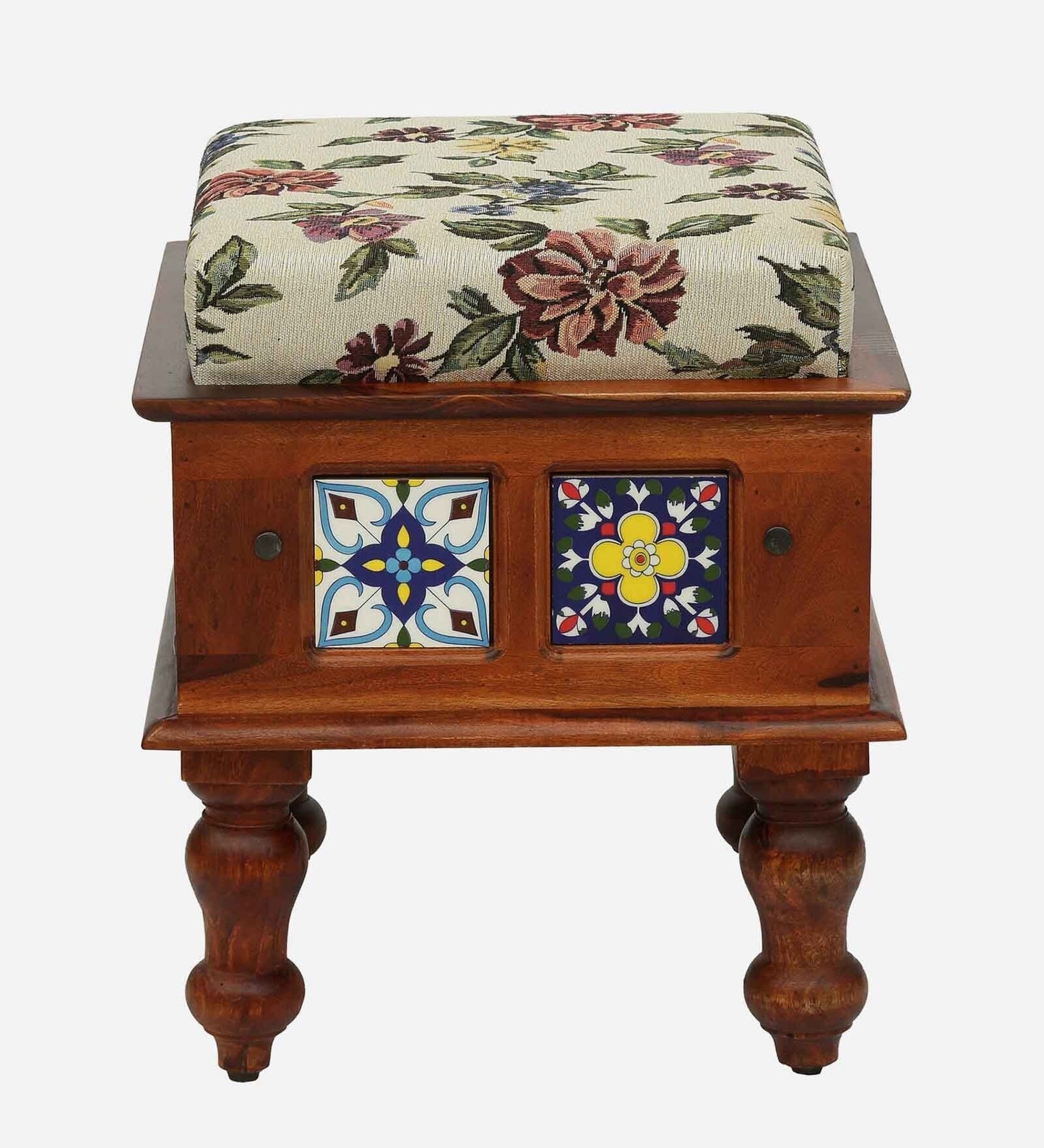 Sheesham Wood Seating Stool In Honey Oak Finish With Multicolor Cushion