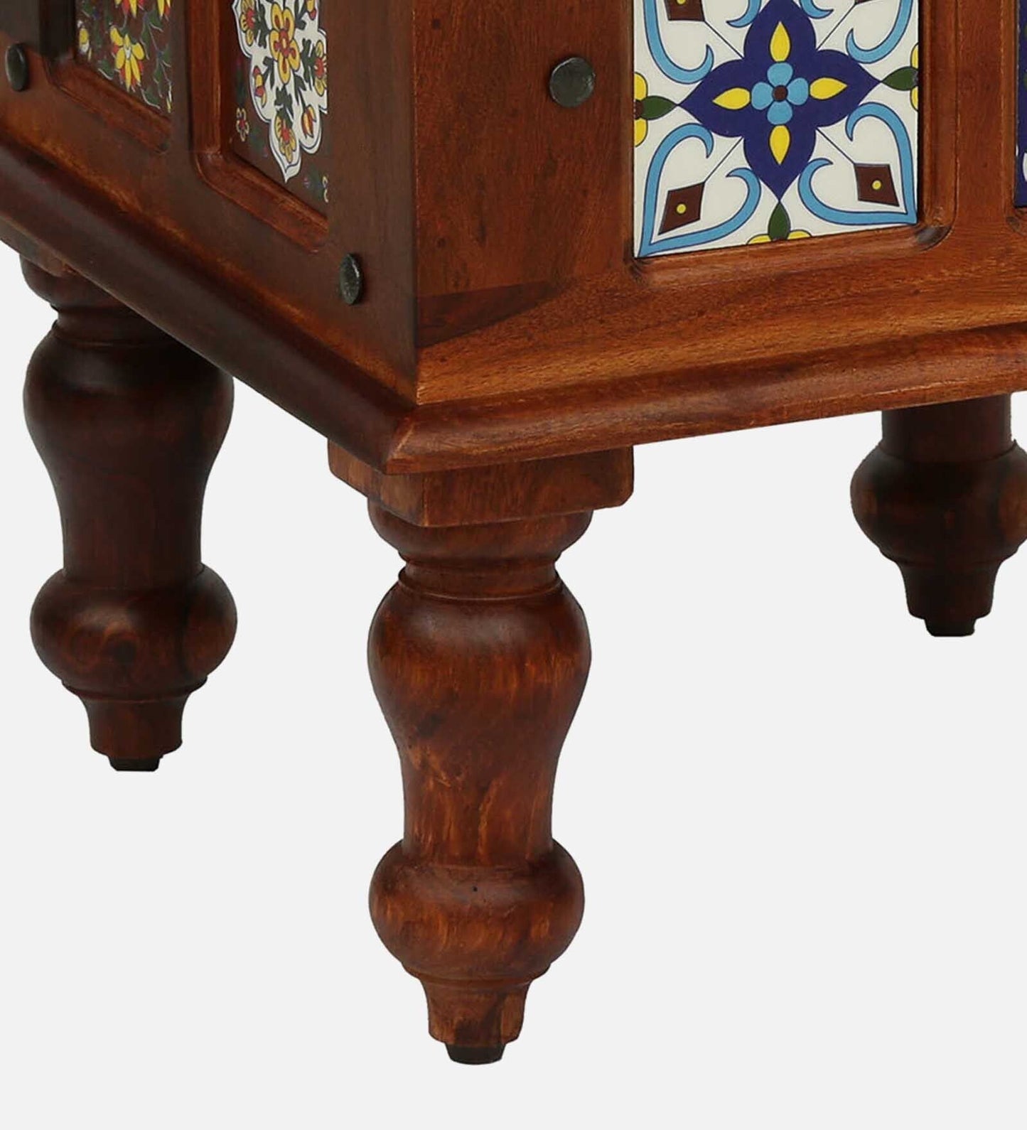 Sheesham Wood Seating Stool In Honey Oak Finish With Multicolor Cushion